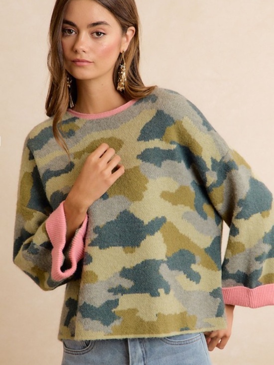 BiBi Sweaters - BiBi Camo Pink Trim Sweater